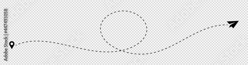 Paper aeroplane dotted travel route line from location. Air travel illustration isolated on transparent background.