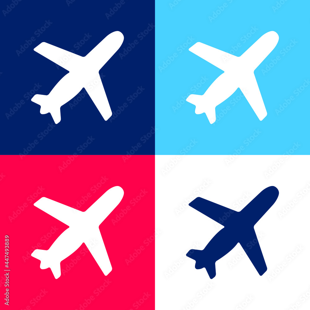 Airplane Black Shape Ascending Rotated To Right blue and red four color minimal icon set Airplane Black Shape Ascending Rotated To Right blue and red four color minimal icon set