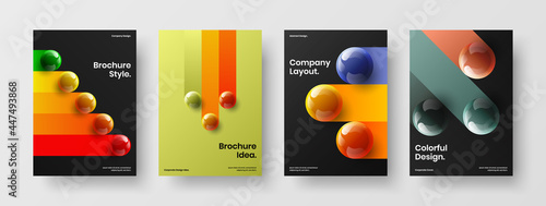 Colorful booklet A4 design vector illustration set. Abstract realistic spheres placard template collection.