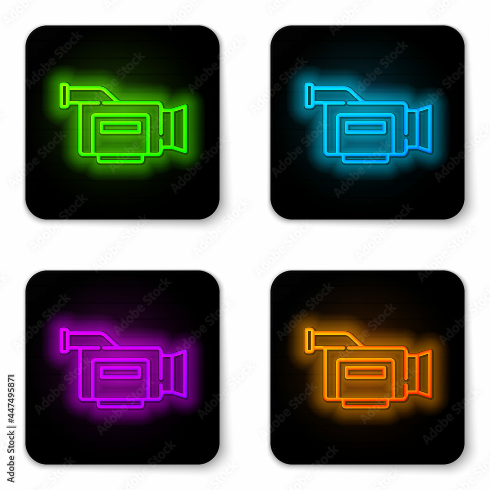Glowing neon line Cinema camera icon isolated on white background. Video camera. Movie sign. Film projector. Black square button. Vector Glowing neon line Cinema camera icon isolated on white background. Video camera. Movie sign. Film projector. Black square button. Vector