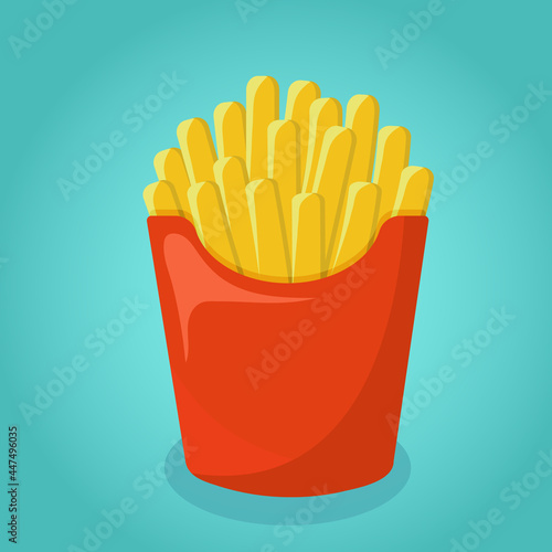 French Fries potato fast food in Red Carton Package Box Isolated on Blue background