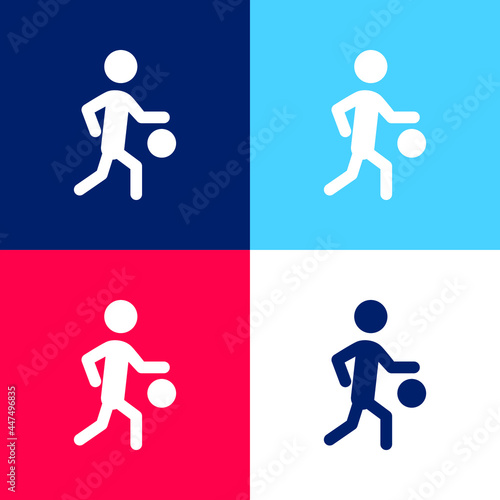 Basketball Player Silhouette With The Ball blue and red four color minimal icon set