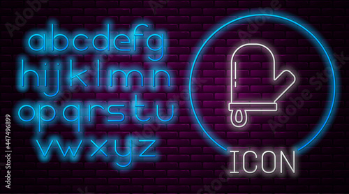 Glowing neon line Oven glove icon isolated on brick wall background. Kitchen potholder sign. Cooking glove. Neon light alphabet. Vector