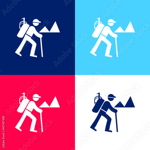Backpacker Hiking blue and red four color minimal icon set