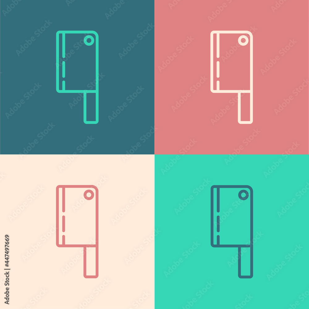 Pop art line Meat chopper icon isolated on color background. Kitchen knife for meat. Butcher knife. Happy Halloween party. Vector Pop art line Meat chopper icon isolated on color background. Kitchen knife for meat. Butcher knife. Happy Halloween party. Vector