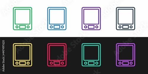 Set line Electronic scales icon isolated on black and white background. Weight measure equipment. Vector