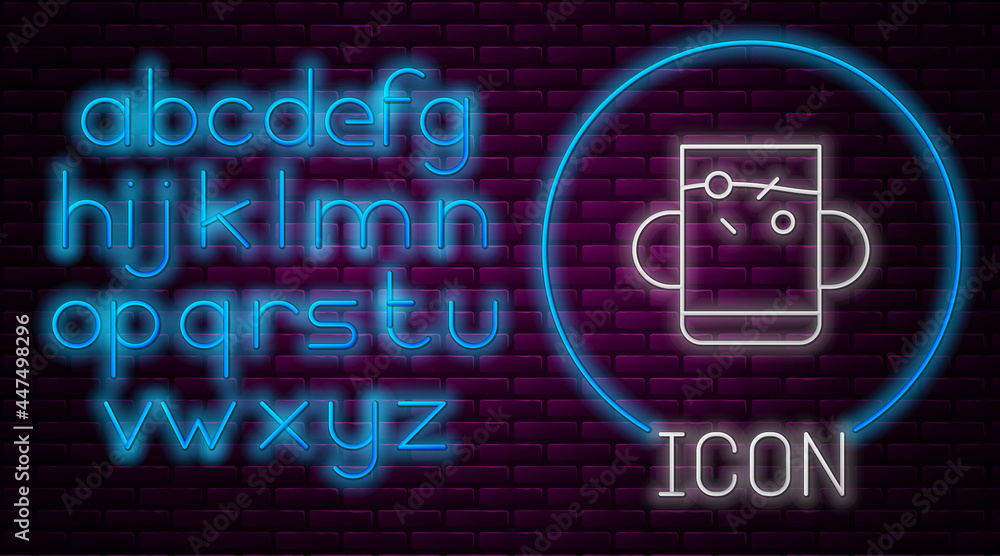 Glowing neon line Cup of tea and leaf icon isolated on brick wall background. Neon light alphabet. Vector Glowing neon line Cup of tea and leaf icon isolated on brick wall background. Neon light alphabet. Vector