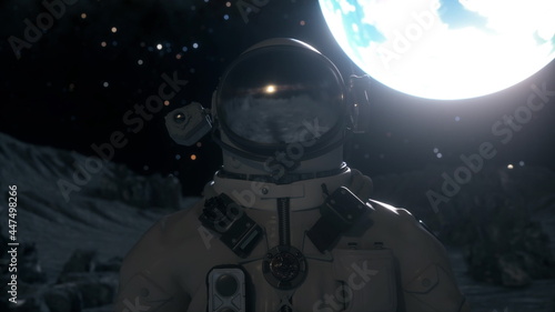 Fototapeta Naklejka Na Ścianę i Meble -  Astronaut stands on the surface of the moon among craters against the backdrop of the planet earth. Space exploration concept. 3d rendering