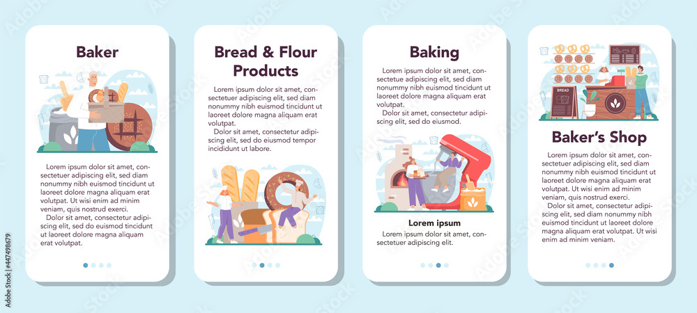 Baker mobile application banner set. Chef in the uniform baking bread. Baker mobile application banner set. Chef in the uniform baking bread.