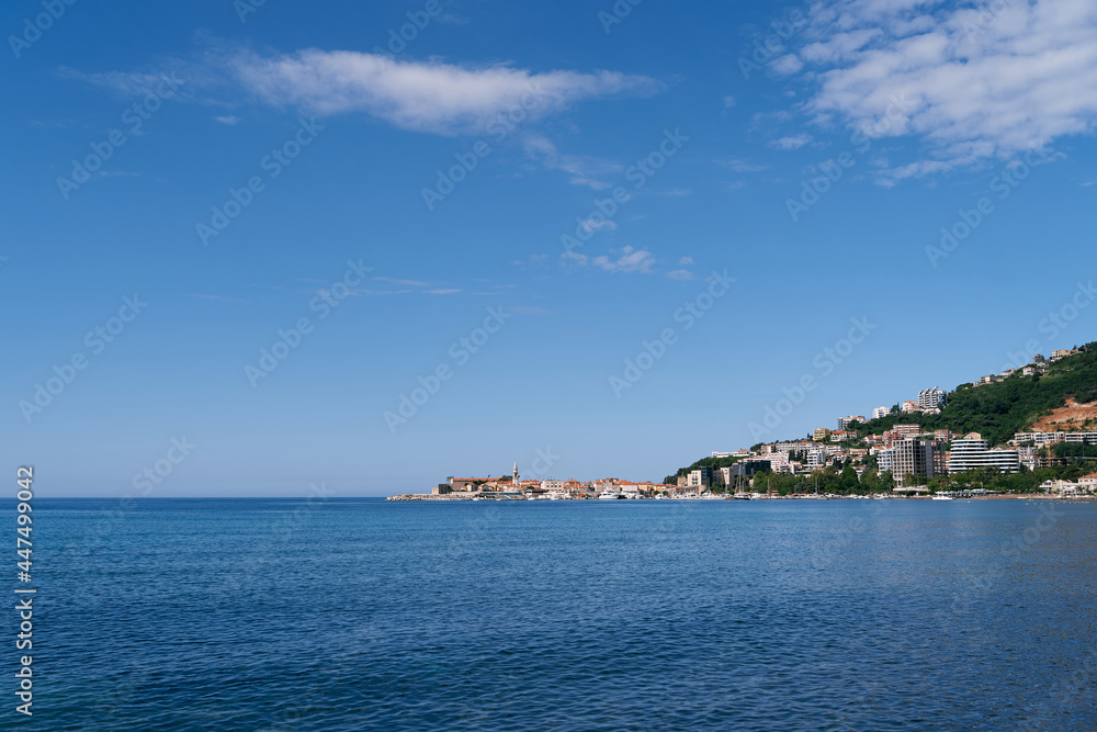 View from the sea to the coast of Budva and the old town, Montenegro