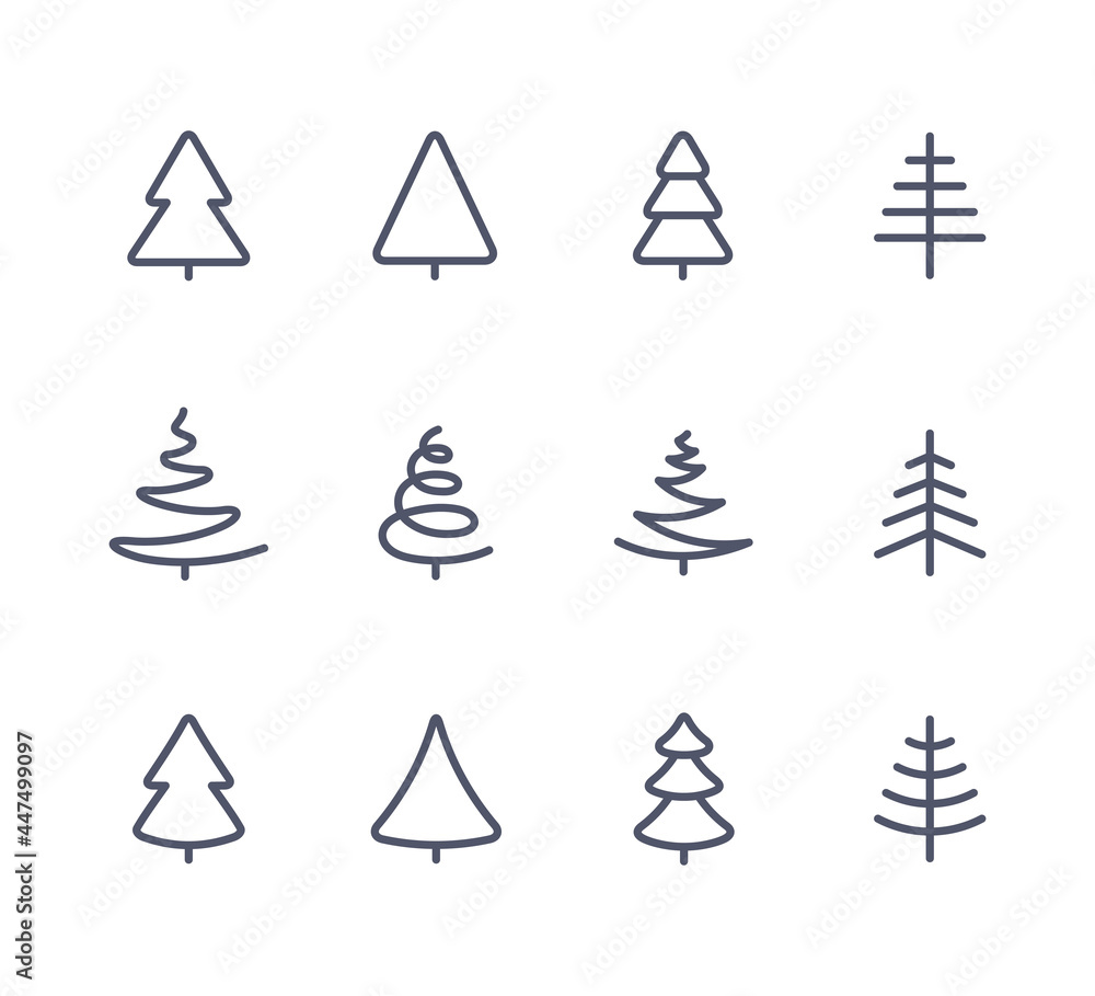 Obraz premium Merry Christmas Black Fir Trees Icons Set in Modern Style isolated on white background. Vector Illustration. Season Greetings winter simple logo collection
