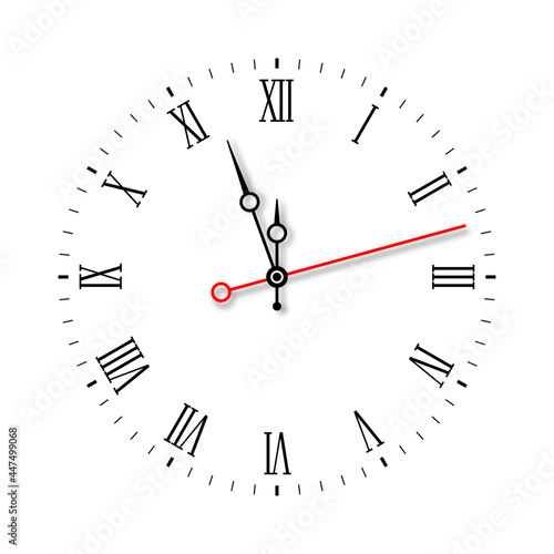 Modern elegant black wall clock face with red second hand isolated on white background. Vector illustration. Roman retro vintage numeral watch
