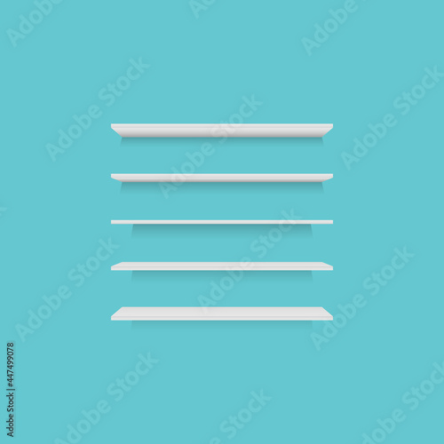 Empty book shelves, white shelves for shop and store interior design. Vector illustration