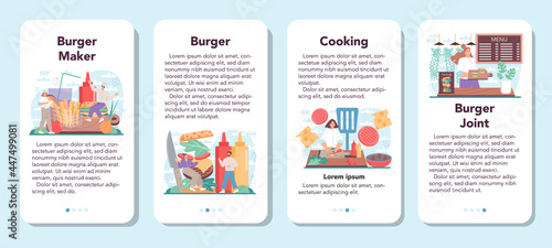 Fast food, burger house mobile application banner set. Chef