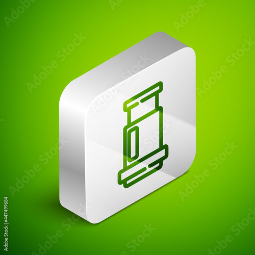 Isometric line Aeropress coffee method icon isolated on green background. Device for brewing coffee. Silver square button. Vector