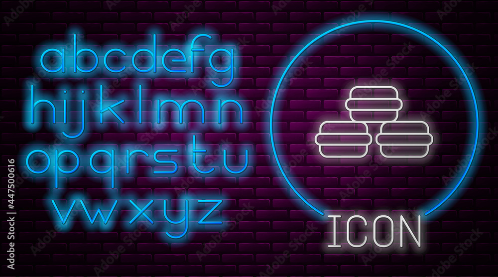 Glowing neon line Macaron cookie icon isolated on brick wall background. Macaroon sweet bakery. Neon light alphabet. Vector Glowing neon line Macaron cookie icon isolated on brick wall background. Macaroon sweet bakery. Neon light alphabet. Vector