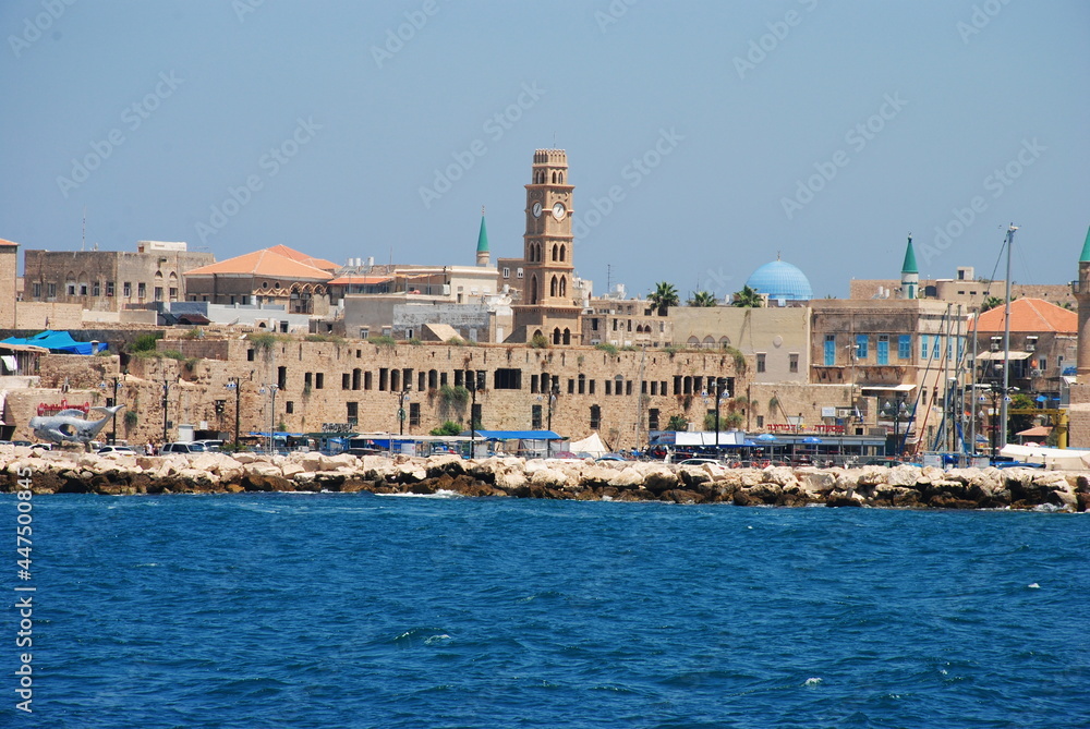 Fototapeta premium Old city Akko on the seashore. Panoramic landscape view of Acre Akko old city port Israel