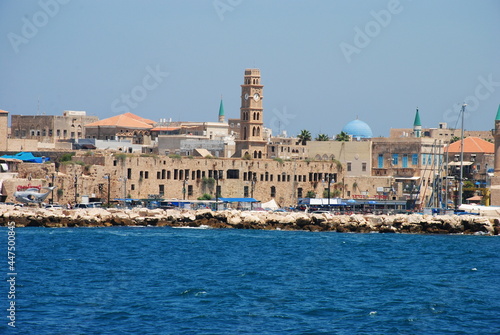 Old city Akko on the seashore. Panoramic landscape view of Acre Akko old city port Israel