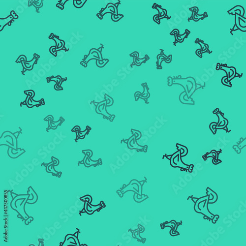 Black line French rooster icon isolated seamless pattern on green background. Vector