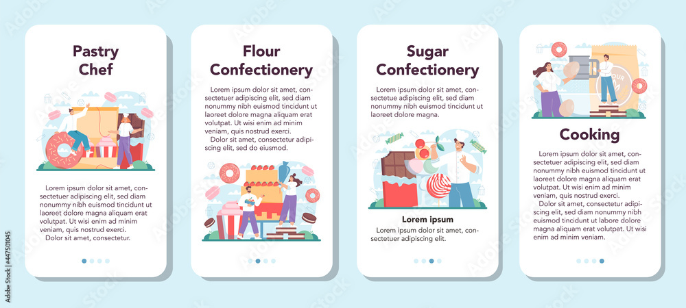 Confectioner mobile application banner set. Professional pastry chef