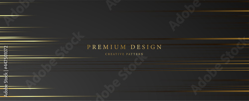 Premium background design with horizontal dynamic gold line pattern on black backdrop. Vector template for business banner, formal invitation, luxury voucher, prestigious gift certificate