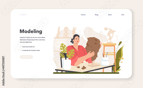 Sculptor web banner or landing page. Creating sculpture of the marble