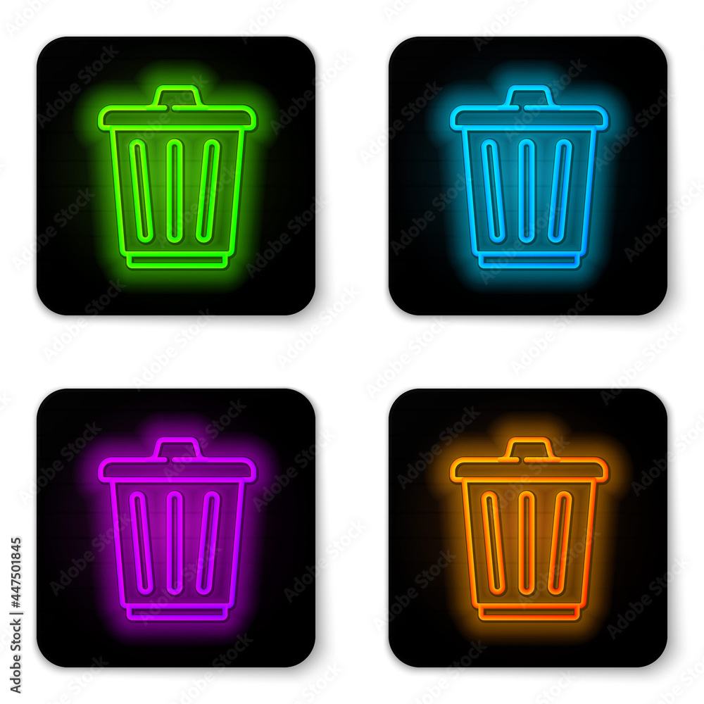 Glowing neon line Trash can icon isolated on white background. Garbage bin sign. Recycle basket icon. Office trash icon. Black square button. Vector Glowing neon line Trash can icon isolated on white background. Garbage bin sign. Recycle basket icon. Office trash icon. Black square button. Vector