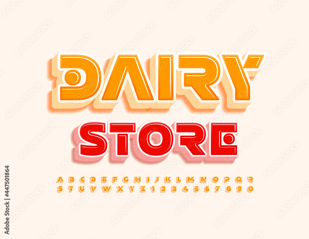 Vector business logo Dairy Store. Unique 3D Font. Yellow creative Alphabet Letters and Numbers set