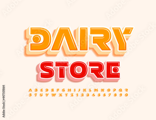 Vector business logo Dairy Store. Unique 3D Font. Yellow creative Alphabet Letters and Numbers set