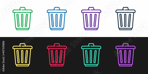 Set line Trash can icon isolated on black and white background. Garbage bin sign. Recycle basket icon. Office trash icon. Vector