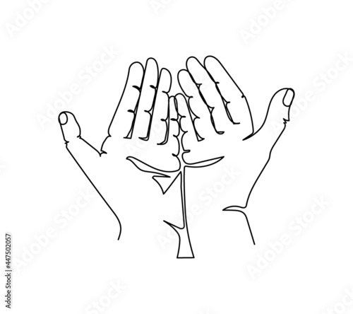 Hands giving gesture one line art. Continuous line drawing of gesture, hand, open palms, help.
