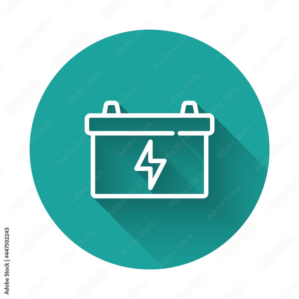 White line Car battery icon isolated with long shadow. Accumulator battery energy power and electricity accumulator battery. Green circle button. Vector White line Car battery icon isolated with long shadow. Accumulator battery energy power and electricity accumulator battery. Green circle button. Vector