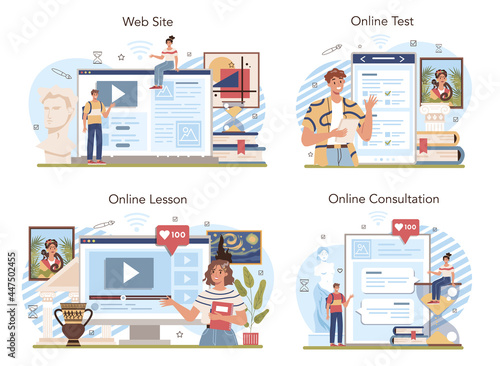 History of art school education online service or platform set. Student studying