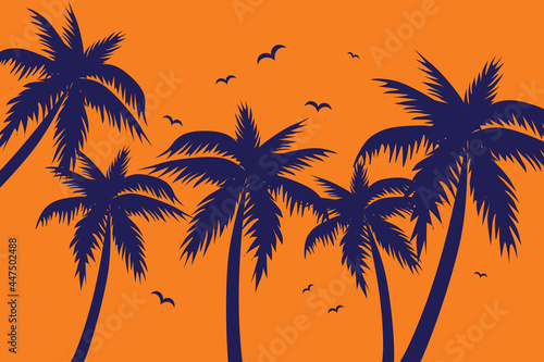 An evening on the beach with palm trees. Colorful picture for rest. Palm trees at sunset. Orange sunset with blue palms. Vector illustration
