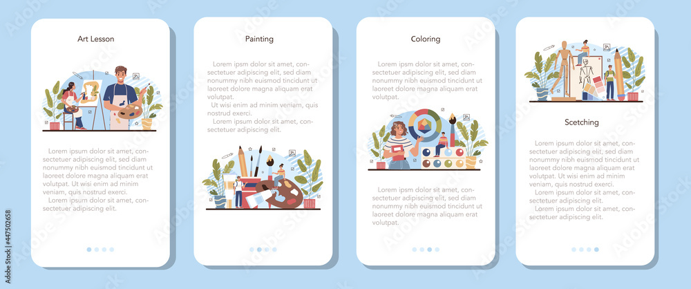 Art school education mobile application banner set. Student holding Art school education mobile application banner set. Student holding