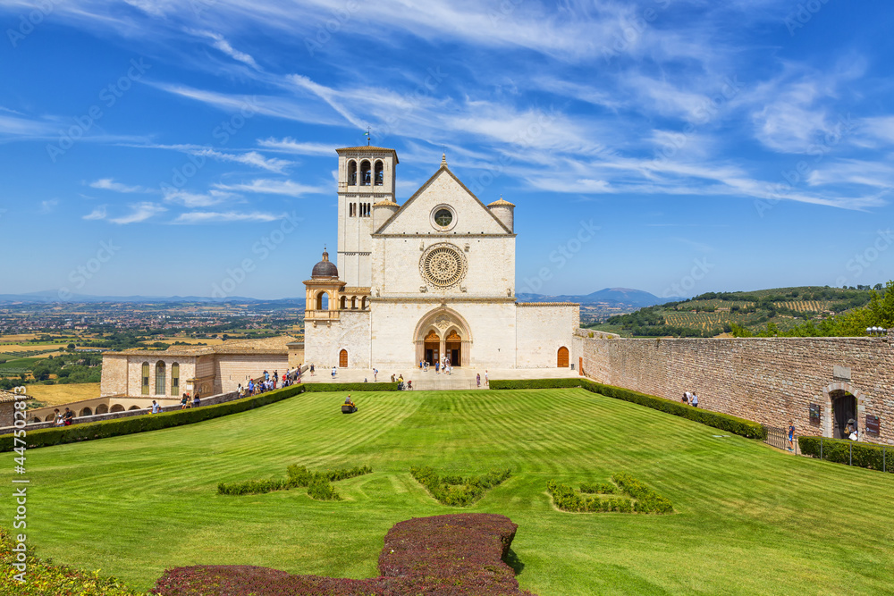 Beautiful exterior view of the famous Papal Basilica of St. Francis of Assisi