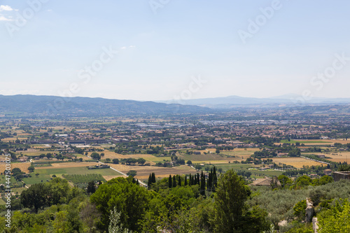 View of the landscape from Piazza Santa Chiara in Assisi, with the church of Saint Mary Maggiore in view