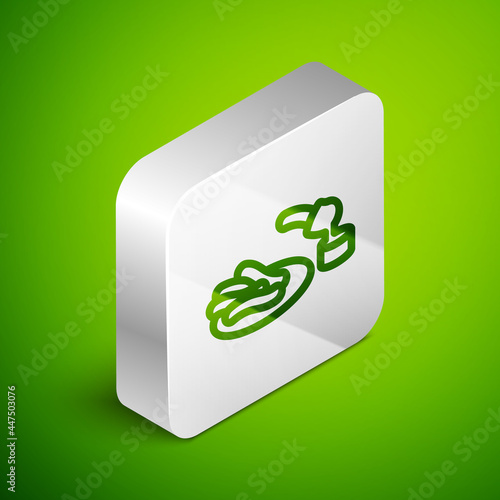 Isometric line Churros and chocolate icon isolated on green background. Traditional national Spain dessert, European street food. Silver square button. Vector