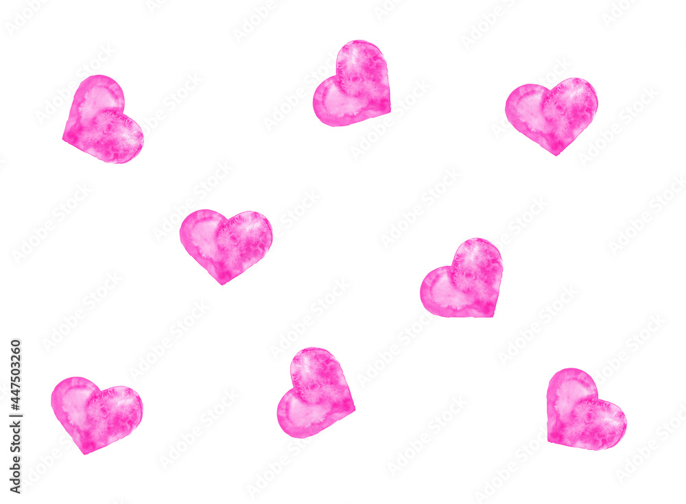 Watercolor hearts shape in pink on white paper background. Watercolor hearts shape in pink on white paper background.