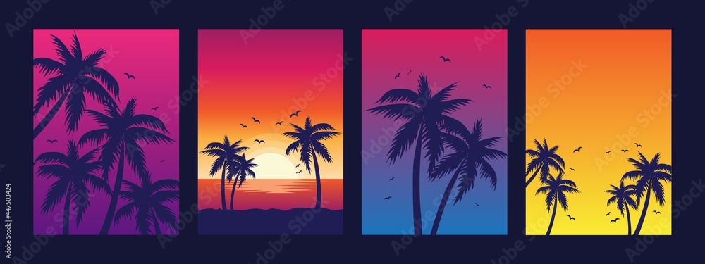Colorful summer banners, tropical backgrounds set with palms, sea, clouds, sky, beach. Beautiful summer time cards, posters, flyers, party invitations. Summertime vector template collection.  - obrazy, fototapety, plakaty 