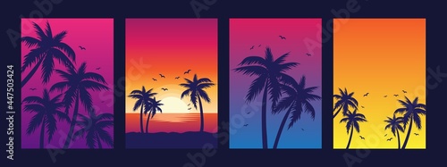 Fotografia Colorful summer banners, tropical backgrounds set with palms, sea, clouds, sky, beach