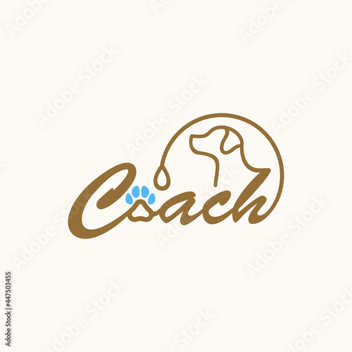 Dog walking service logo in line style on round from leash. Happy puppy training icon. Walk pet symbol in brown vector outline illustration. Simple Cartoon animal logotype.