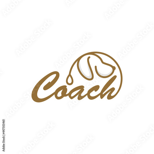 Dog walking service logo in line style on round from leash. Happy puppy training icon. Walk pet symbol in brown vector outline illustration. Simple Cartoon animal logotype.