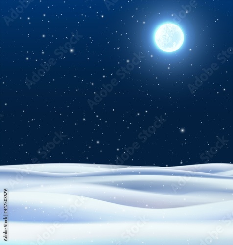 Vector realistic night winter background with snow fields and blue sky with moon glowing. © Real Vector