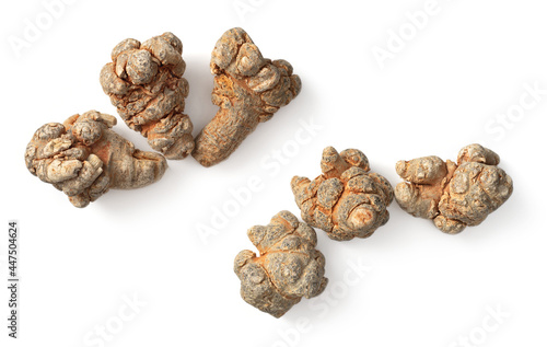 Dried Panax notoginseng roots isolated on white background, top view
