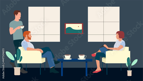 Lunch, Coffee Break with Colleagues in kitchen, Coworking Office Flat cafeteria. Meeting room office conversation. Editable vector illustration
