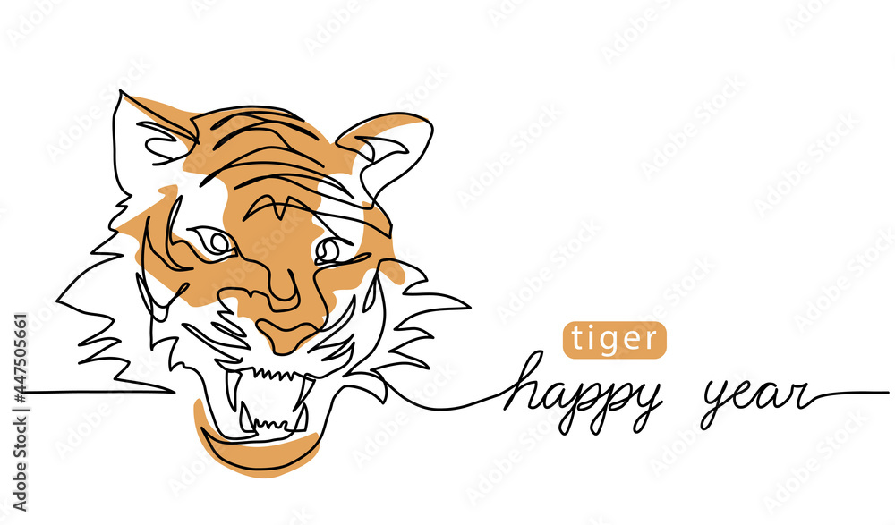 Roaring tiger head. One continuous line art drawing. Color vector illustration, banner, poster, background. Asian new year greeting Roaring tiger head. One continuous line art drawing. Color vector illustration, banner, poster, background. Asian new year greeting