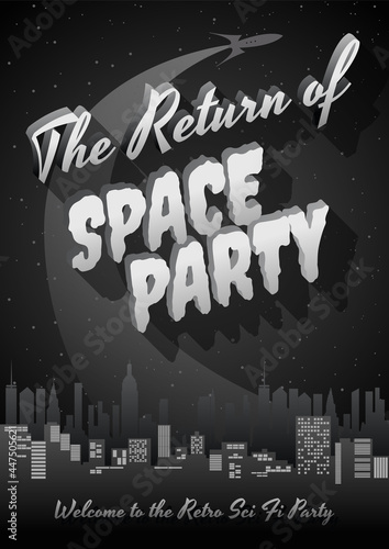 Retro Sci Fi Movie Posters Style Party Invitation, Retro Future City, Space Rocket, Mid Century Modern Movie Style Banner