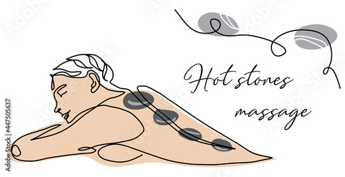 Spa, hot stones massage. Persons back vector banner, poster, background, signboard. One continuous line art sketch of hot stones massage