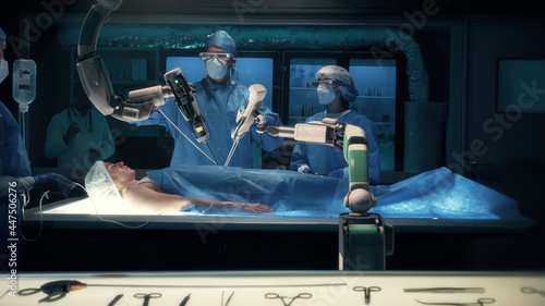 Foto Team of surgeons wearing special augmented reality glasses perform a delicate operation using medical surgical robot arms